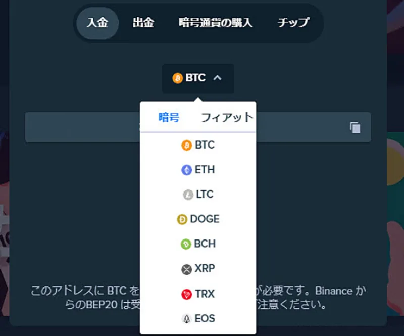 ステークカジノの入金画面で通貨を選択するプルダウン