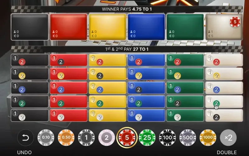 マーブルレースのベット画面。勝者予想と1・2位の組み合わせ