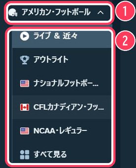 左メニューでアメリカン・フットボールを選んだ状態。ナショナルフットボールリーグ、CFL、NCAAが並ぶ