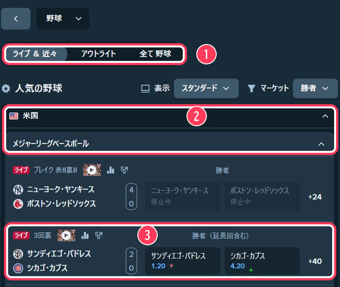 ステークの野球トップ画面。ライブ&近々のタブ、米国メジャーリーグベースボール、ヤンキース対レッドソックスなどの試合