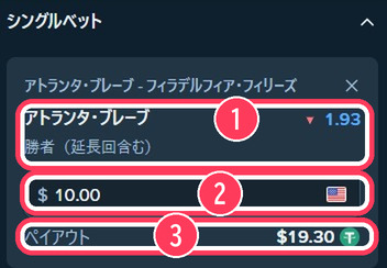 ベットスリップ。アトランタ・ブレーブスの勝者1.93に10ドルを入れ、ペイアウト19.30ドルと表示されている