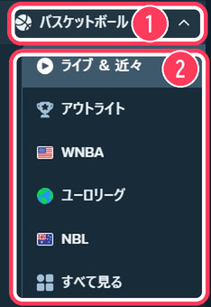 左メニューでバスケットボールを選んだ状態。WNBA、ユーロリーグ、NBLが並ぶ