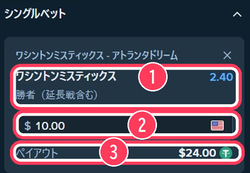 ベットスリップ。ワシントンミスティックスの勝者2.40に10ドルを入れ、ペイアウト24ドルと表示されている