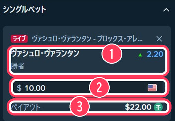 ベットスリップ。ヴァシュロ・ヴァランタンの勝者2.20に10ドルを入れ、ペイアウト22ドルと表示されている